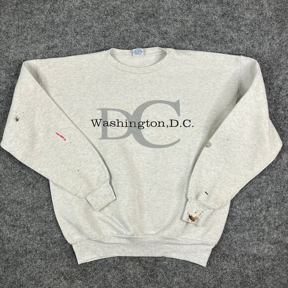 American Knitwear Sweatshirt Mens XL Gray DC Graphic Crewneck Paint Stains - Picture 1 of 9